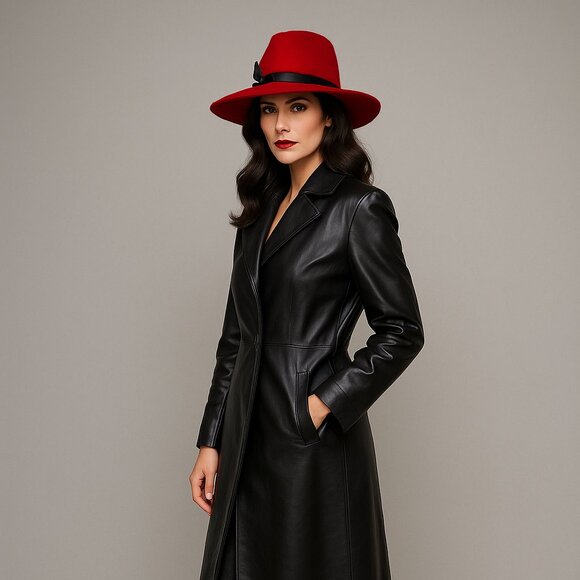 Vintage 1960s Red Mohair Wool Hat | Joquil Original Wide Brim Black Leather Bow - Picture 1 of 7